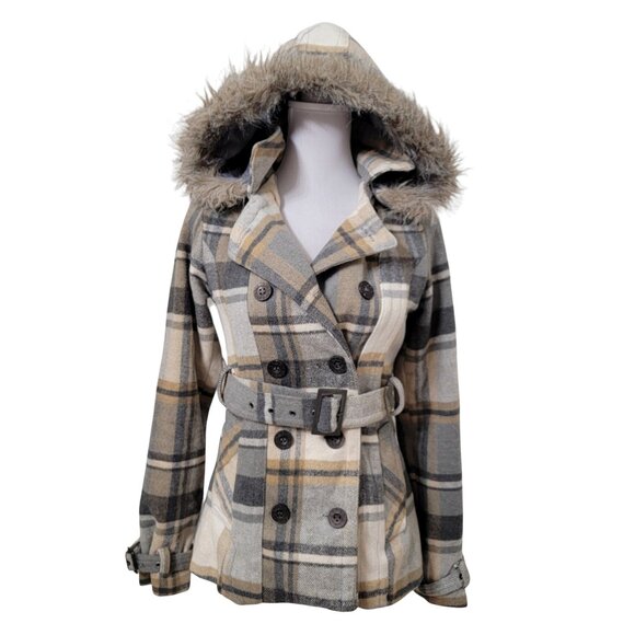 Rue21 Jackets & Blazers - Rue 21 Size S Gray Tan Cream Plaid Polyester Wool Blend Double Breasted Jacket